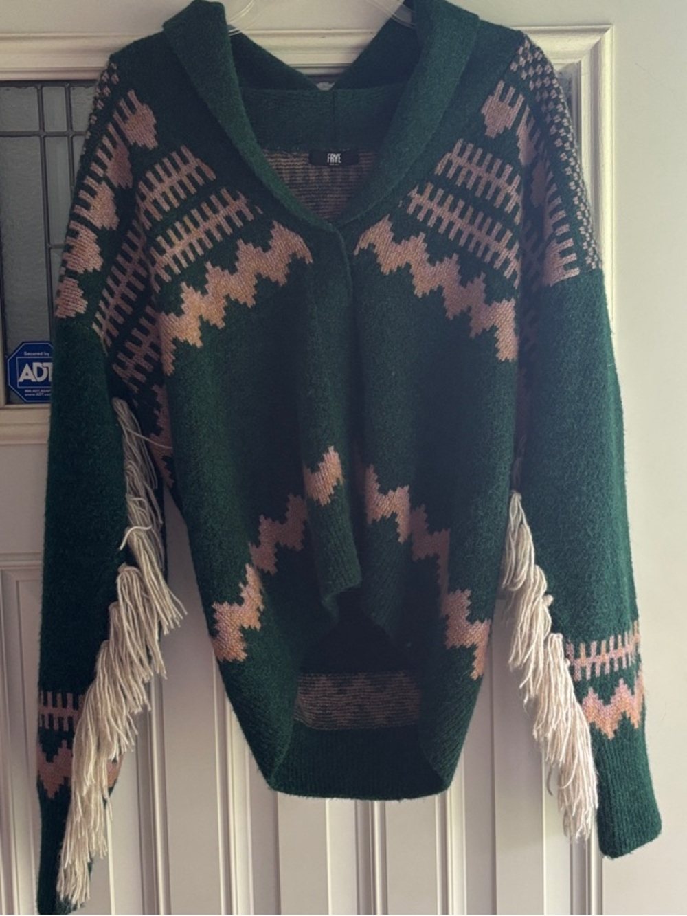 Women's Green Fringe Sweater with Pink and tan